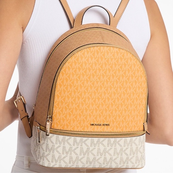 Michael Kors Rhea Medium Color-Block Signature Logo Backpack Pop Orange Multi - Picture 3 of 9
